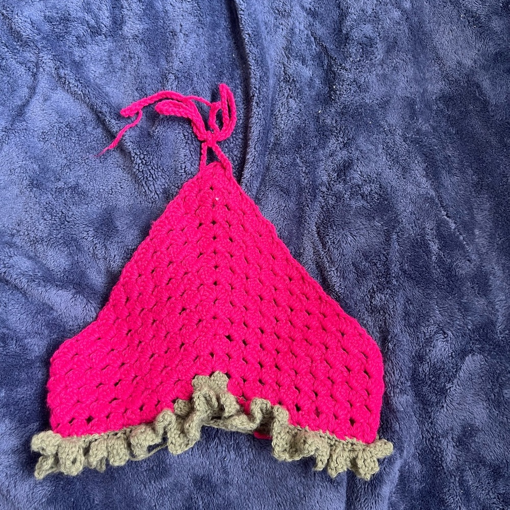 Crochet Pink Halter Top with Ruffle Trim